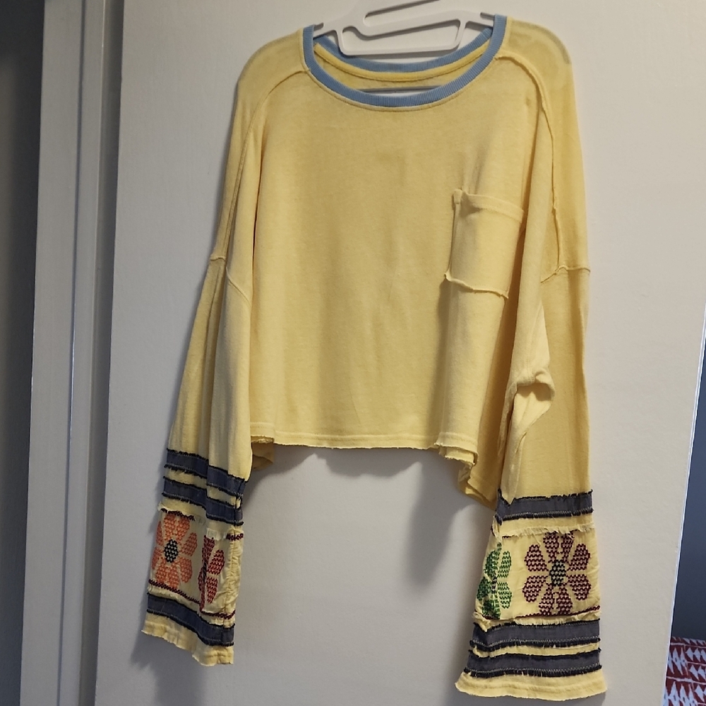 We The Free Yellow Cropped Sweater with Floral Sleeves